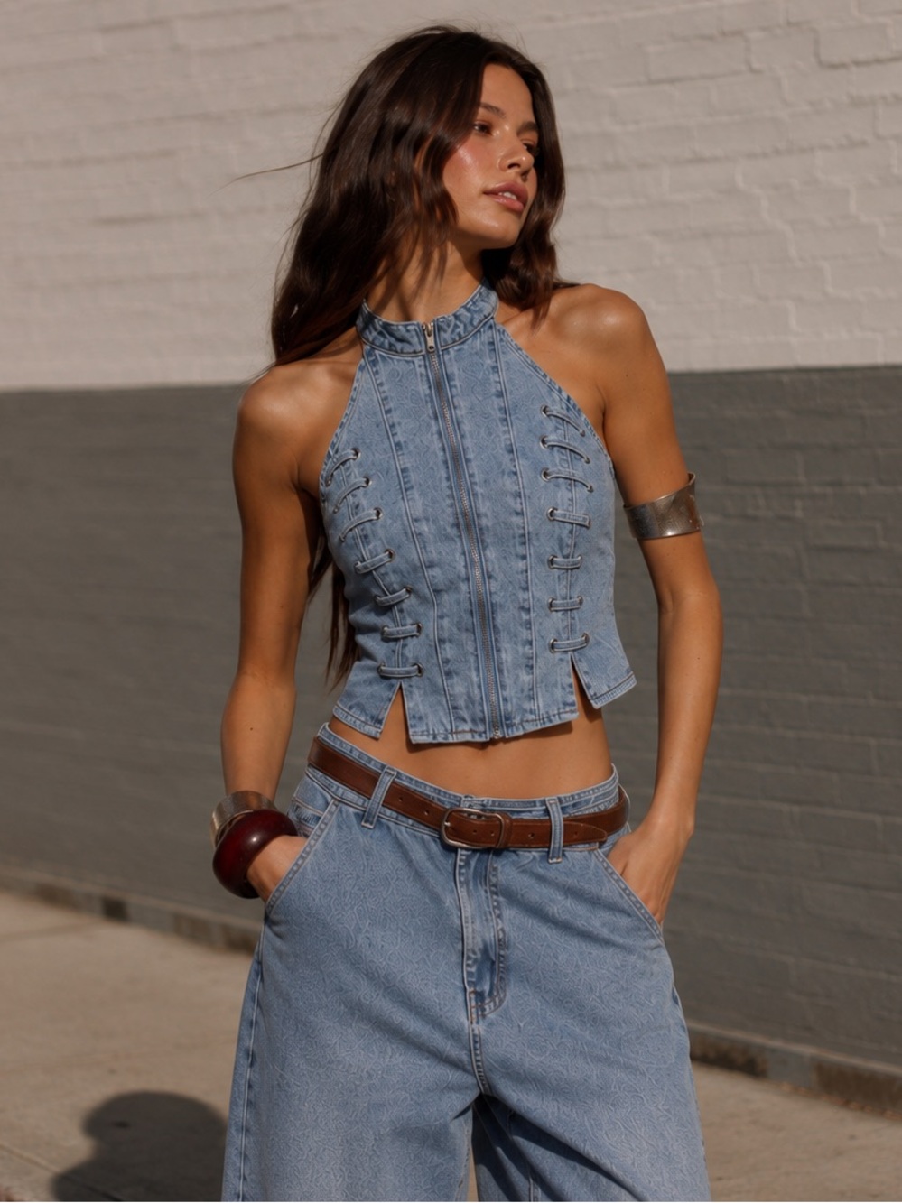 Light Blue Denim Halter Zip Crop Top